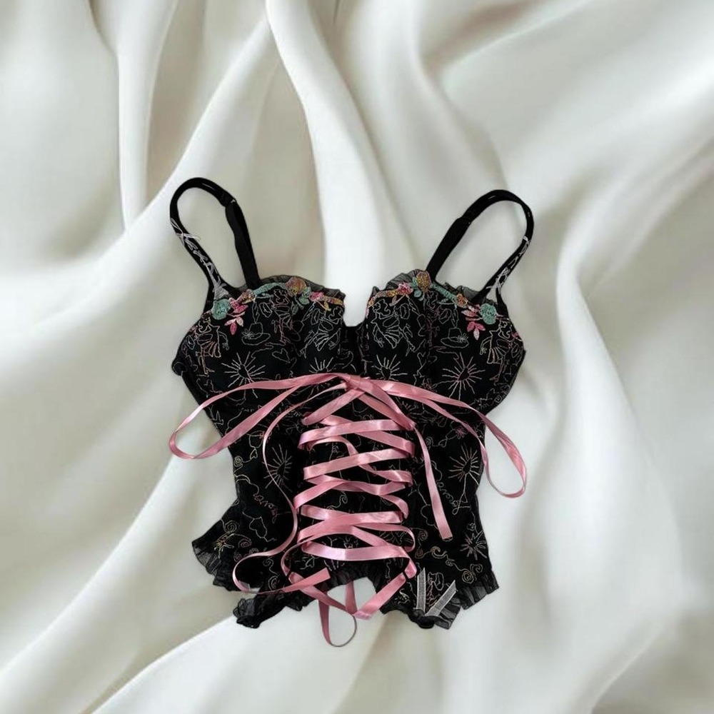 Chantal Thomass for Victoria's Secret 2004 black pink floral bustier babydoll
